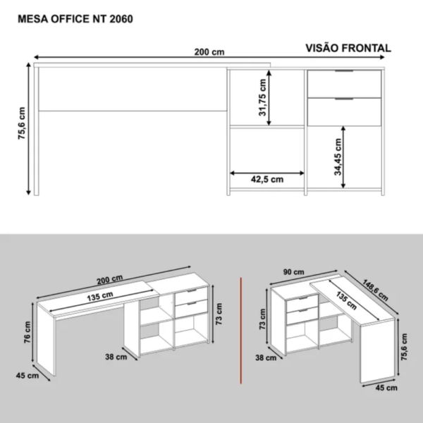 Mesa de Escritório em L 2 Gavetas 3 Nichos Office NT 2060 Branco New - Image 5