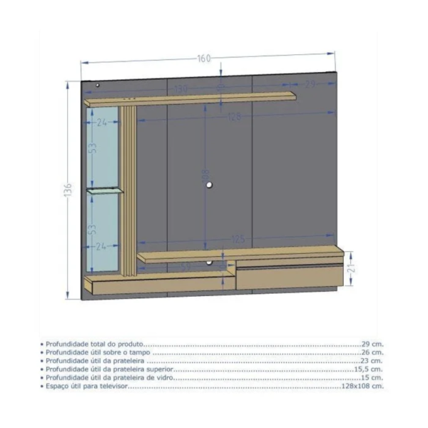 Painel para TV até 55 Polegadas LED Prateleira de Vidro Denver Carrara/Cinamomo - Image 4